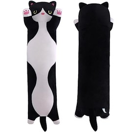 Almohada suave de felpa larga para dormir, almohada de algodón para gatitos, linda muñeca de peluche, regalo para niños y novias (blanco y negro, 110 