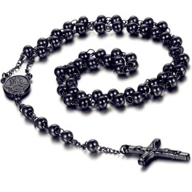 Flongo Catholic Rosary Beads Necklace: Black Stainless Steel Necklace with Crucifix Cross Pendant Classic 6mm Beads Necklace with Long Chain Christian Amulet for Men Women