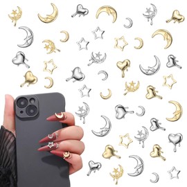 Nail Parts, Star, Moon, 120 Piece Set, 3D Shape, Cute, Moon, Heart, Star, Pentagram, Y2k, Large, Nail Stone, Silver, Gold, Metal, Decorative Parts, Nail Art Parts, Jewelry, Decorative Parts, DIY