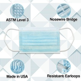 Face Masks ASTM Level 3 for Adults Made in USA 3-Ply Disposable 50pcs with Nosewire Bridge Breathable and Comfortable (Light Blue)