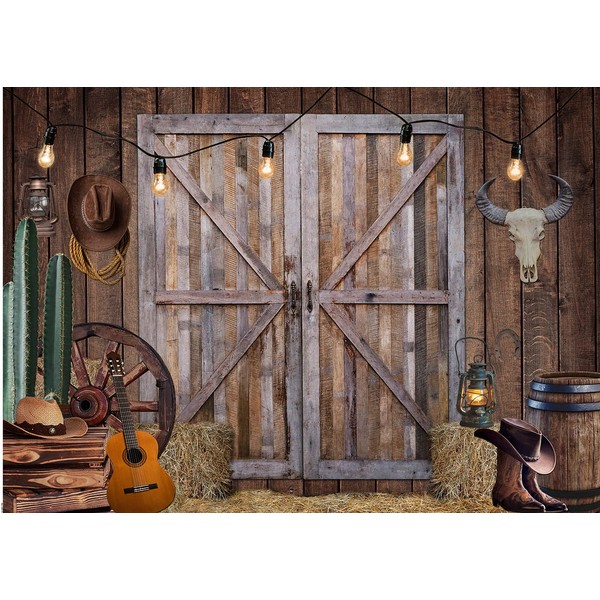Dudaacvt 8x6FT Western Cowboy Backdrop Western Party Supplies Decorations Wild West Decor Rustic Wooden House Barn Photography Background for Boy Baby Birthday Banner D671
