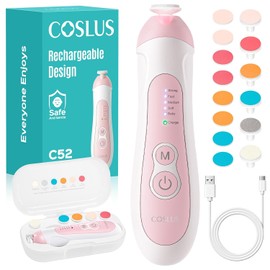 COSLUS Rechargeable Baby Nail File: Cordless Baby Nail Trimmer Electric with 5 Speeds & 6 Grinding Heads for Baby Kid, CPC Certified and Quiet Design - Safe for Sleep Trim Buffer, C52, Pink