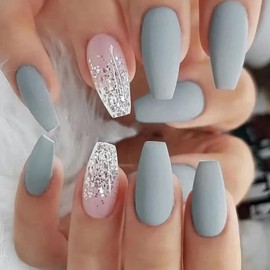Ceboic Pack of 24 Glue-On Nails, Medium Coffin, Grey Blue Frosted French Artificial Nails, Press On Nails, Pink Shiny Ballerina Artificial Nails, Acrylic Full Cover Fingernails, Fake Nails for Women
