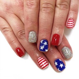 24pcs Independence Day Press on Nails Short 4th of July Fake Nails Star Glitter False Nails American Flag Nails Design Acrylic Glue on Nails Patriotic 4th of July Artificial Nails for Women Nail Art