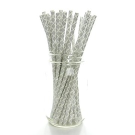 Silver Damask Floral Straws (25 Pack) - Victorian Damask Party Straw Supplies, Wedding Vintage Straws, Flower Swirl Paper Straws