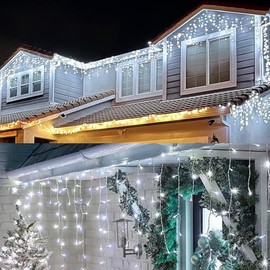 Aolupal Upgraded 640LED Solar Christmas Icicle Lights Outdoor Waterproof,63.4FT 13 Modes & USB Rechargeable Solar Powered Icicle Light for Roof House Yard Christmas Outdoor Decoration (Cool White)