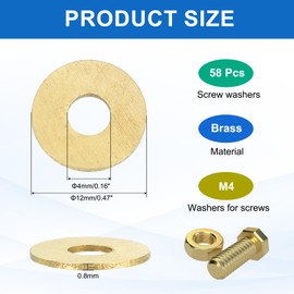 sourcing map 58 Pack Brass Flat Washer, M4 Copper Washers Crush Washer Kit Assortment, 4mm ID, 12mm OD, 0.8mm Thick for Bolts Screws Machinery Repair, Outdoor Construction
