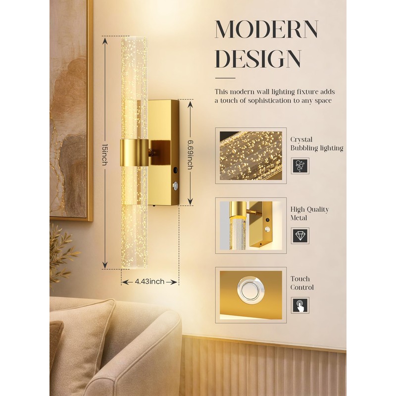 10000mAh Battery Operated Wall Sconces Set of 2, Gold, 15.3
