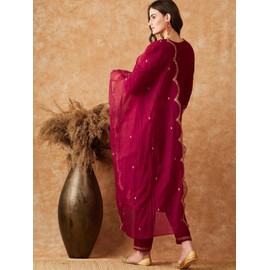 TRENDMALLS Women's Velvet Embroidery Salwar Suit Set Kurta Pant with Dupatta (G235-Pink-XL)