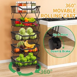 Newzealkids Fruit Vegetable Storage Basket 5 Tiers Stackable Metal Wire Fruit Basket Kitchen Cart with Wheels Vegetable Storage Holder for Onions Potatoes Bread Snack Veggie, Black