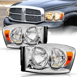 TUSDAR Headlight Assembly Set Fits for 2006-2008 Dodge Ram 1500/2006-2009 Dodge Ram 2500/3500 Pickup Driver and Passenger Side, Chrome Housing & Amber Reflector