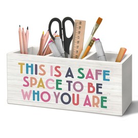 Yjeslw Mental Health Classroom Pen Holder Organizer for Desk Accessories, This Is a Safe Space to Be Who You Are Inspirational Wooden Box Desk Decorations for Therapy Counselor Office Classroom Decor