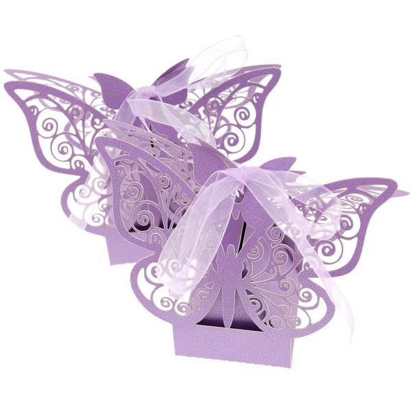 SING F LTD 50pcs Butterfly Shape Purple Wedding Favor Sweet Paper Boxes with Ribbon for Candies or Small Gifts