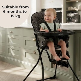 My Babiie MBHC1 Compact Highchair – Ultra Lightweight (5kg), Foldable, Easy Clean, Padded Seat, Footrest, Tray Cup Holder, for Toddler, from 6 Months to 3 Years (15kg) – Black Leopard