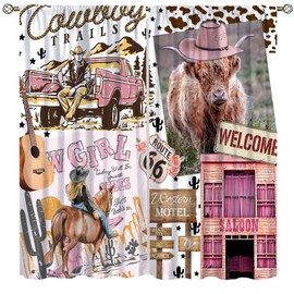 AAVEUP Cowboy Blackout Curtains for Kids,Rural Pink Western Desert Highland Cow Railway Cactus Cowboy Women Guitar Window Drapes Print for Girls Bedroom Living Room 63x72in