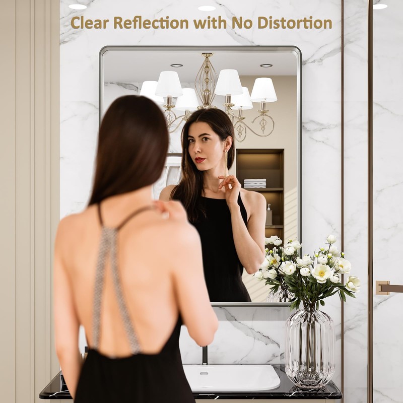 LOAAO 24X32 Inch Brushed Nickel Bathroom Mirror, Rounded Rectangle Silver
