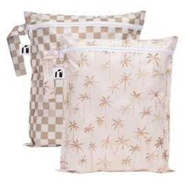 Roamio Waterproof Wet Bag for Travel, Swim Suit, Pool, Beach, Gym Clothes, Toiletry, Cloth Diapers, Pump Parts, Baby, Hook to Stroller, Daycare, Zip Reusable Wetdry Pack, 2-pk Palm Trees, Beige Check