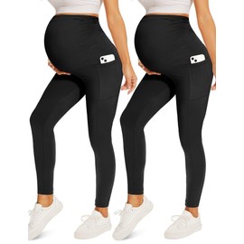Fotociti Fotociti 2 Pack Maternity Leggings With Pockets Over The Belly,Womens Pregnancy Workout Yoga Active Soft Tights Pants