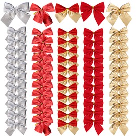 Pack of 60 Bows Christmas Small Bows Christmas Tree Bows Christmas Tree Decoration Bows Christmas Tree Bow as Hanging Decoration Red Gold Silver
