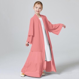 Muslim Chiffon Abaya for Girls Open Front Cardigan Dress Middle East Arabian Abayas Dresses Islamic Long Robe Dress for Kids Church Eid Ramadan Prayer Dress For Girls Coral Pink + Hijab 11-12 Years