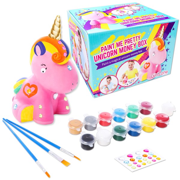 GirlZone Gifts for Girls - Unicorn Money Box for Crafts and Painting - Craft Set for Girls with Brushes, Painting Paints, Gemstones and Stickers Piggy Bank Children 4-12