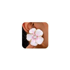Exquisite White Enamel Flower Pearl Stud Earrings for Women, Boho Dainty Gold Large Floral Petal Earring Fashion Y2K Party Holiday Jewelry Accessories (White)
