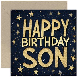 Gold Star Sky Happy Birthday Card for Son - Male Birthday Cards for Men - Gold Sparkle Navy Space Sky Artwork - Gifts for His Birthday - Premium Greeting Cards for Him