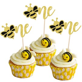 ZHUOWEISM 24 PCS Bumble Bee One Cupcake Toppers Glitter 1st Birthday Party Cupcake Picks Decorations for Bee Theme Baby Shower Kids First Birthday Party Supplies