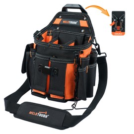 MELOTOUGH Electrician Tool Pouch Bag with Shoulder Strap Professional 16 Pockets Tool Pouch with Belt Clip Quickly Attach and Release Tool Bag（Orange）