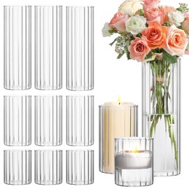 ComSaf Glass Cylinder Vases Pack of 12, Clear Ribbed Bud Vases for Centerpieces Weeding Decoration, 4 inch 6 Inch 10 Inch Tall Clear Flower Vases in Bulk, Hurricane Candle Holder for Party Home Decor