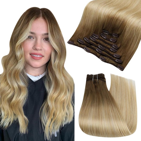 Fshine Real Hair Clip-In Extensions, Chestnut Brown, Ombre, Honey Blonde Mix, Platinum Blonde Hair Extensions, Real Hair, 55 cm, Straight Remy Clip-In Real Hair, 120 g, 7 Pieces