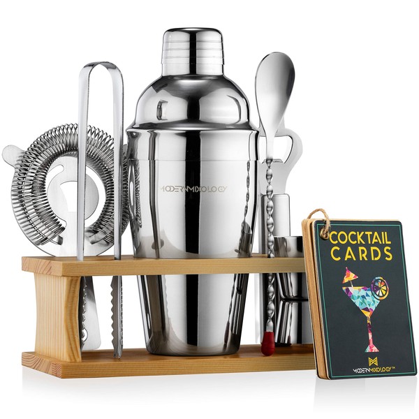 Mixology Bartender Kit | 8-Piece Silver Cocktail Shaker Set with Pine Wood Stand, Recipe Cards, and Bar Accessories | Perfect for Home Bar, Parties