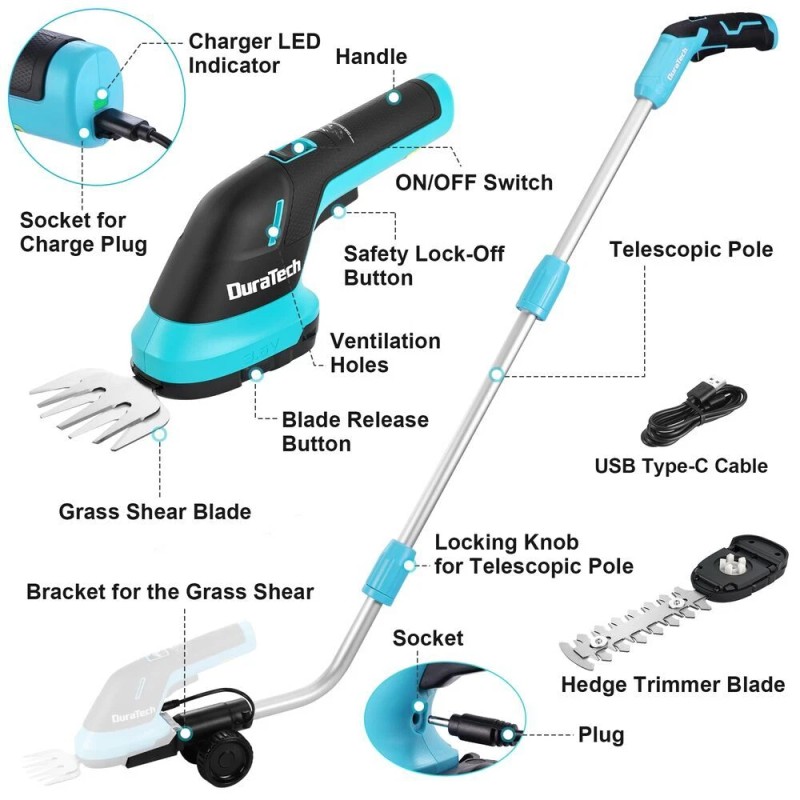 DURATECH 3.6V 3-in-1 Handheld Electric Cordless Hedge Trimmer for Garden,