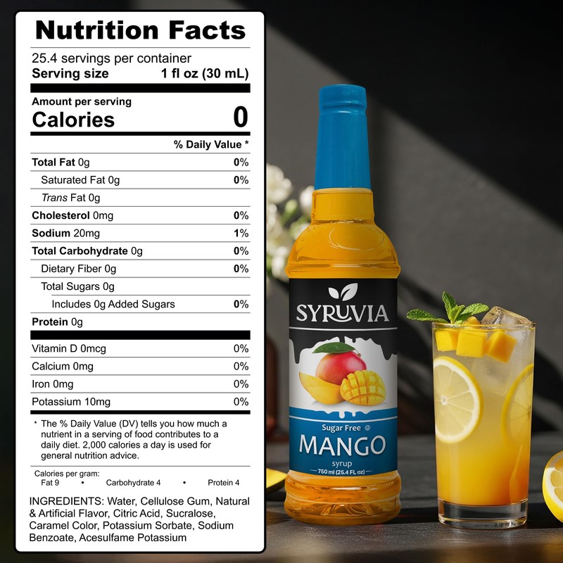 Syruvia Sugar-Free Mango Syrup, Flavored Syrup for Drinks, Cocktails, Lemonades,