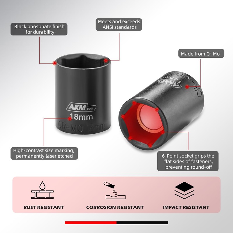 AKM TOOL 3/8 Inch Drive 8mm Magnetic Impact Socket Set,