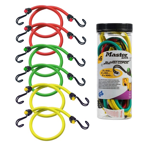 Master Lock 6-Pack Bungee Cords [2 x 60cm, 2 x 80cm And 2 x 100cm] - 3040Eurdat - For Camping, Loads on Bicycles, House Moving