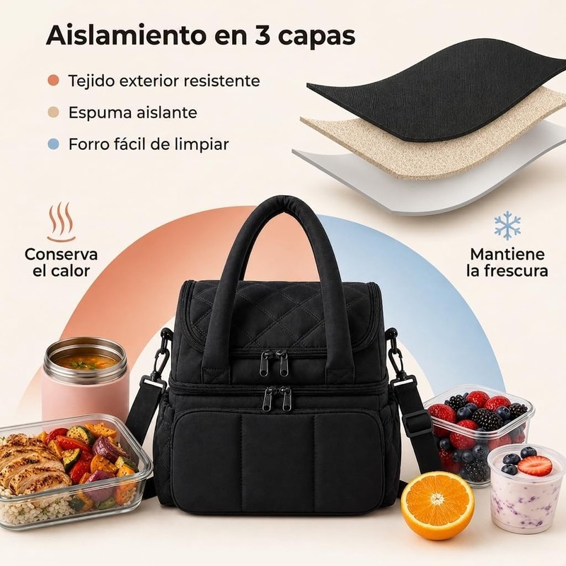 Lonchera Térmica para Mujer, Bolsa de Almuerzo de 2 Compartimentos,Negra