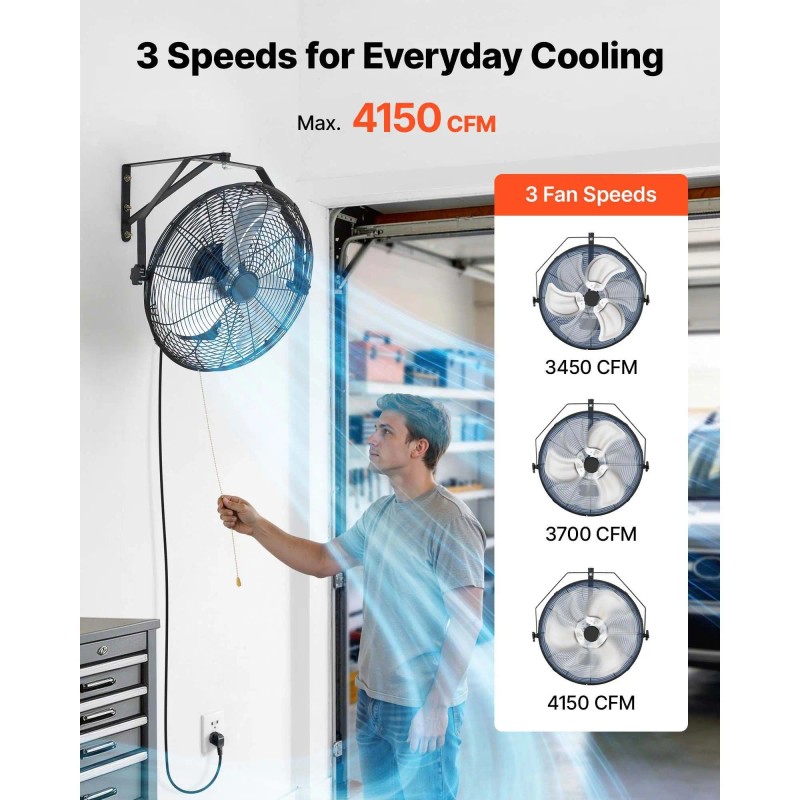 "60W Wall-Mounted Fan with IP44 Protection 3 Speeds Long Airflow
