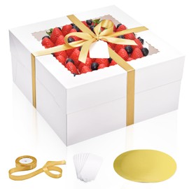 DOYIDE 16Pcs 12x12x6 Inch Cake Boxes with Cake Boards (8Pcs White Cake Boxes, 8Pcs Cake Boards), Bakery Boxes with Window, Cake Carrier Container for Birthday Party, Wedding