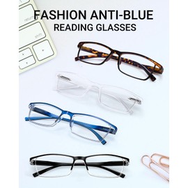 TERAISE 4 pairs Anti-blue Light Computer Reading Glasses with Spring Hinge Fashion(+250, Leopard+Blue+Clear+Black)