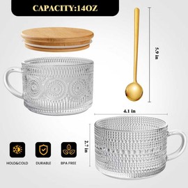 ZHENGYAOYANG 6 PACK Vintage Glass Coffee Mugs 14oz Clear Embossed Tea Cup Set with Bamboo Lids and Gold Spoons,Yogurt Bowl,kitchen gifts for women
