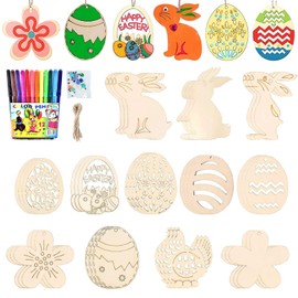 Mecctuck Easter Crafts, 36 Pieces Craft Set Easter, Easter Decoration Crafts, Easter Craft Set, Wooden Pendant Easter Spring Crafts Children, Easter Crafts with Children, Wooden Pendant for Children