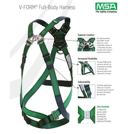 MSA 10197364 V-Form Construction Harness - Standard (Medium), D-Ring Configuration: Back/Hip, Tongue Buckle Leg Straps, With Shoulder Padding, Full Body Harness