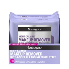 Neutrogena Neutrogena Night Calming Makeup Remover Face Wipes, Nighttime Cleansing Towelettes Remove Sweat, Dirt & Makeup & Calms Skin, Hypoallergenic, 100% Plant Based Cloth, 50 Count (2 Packs of 25)