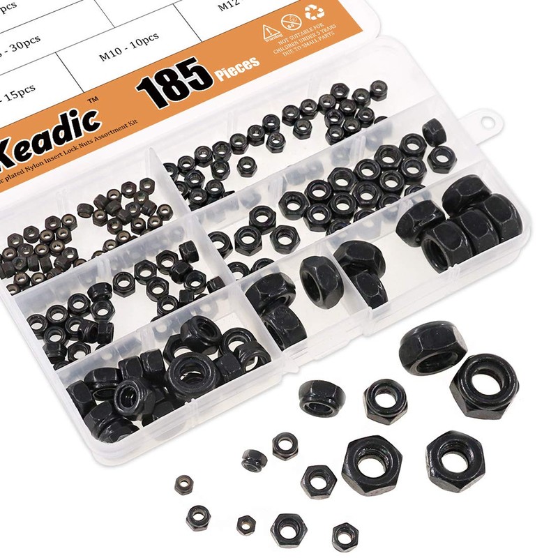 Keadic 185 Pieces Metric Black Zinc Plated Nylon Insert Lock