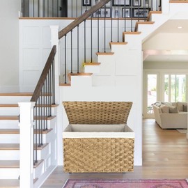 MOORLITER Storage Basket with Lid, 27.7 Gallon (105L) Wicker Storage Trunk with Handles, Handwoven Wicker Basket for Blanket, Removable Liner, Foldable, for Living Room, Laundry Room, Natural