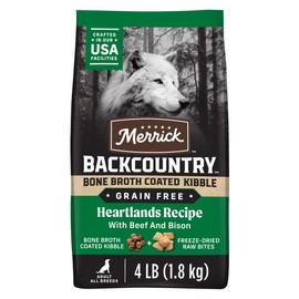 Merrick Grain Free Dry Dog Food Backcountry Bone Broth Coated Kibble Heartlands Recipe with Beef and Bison - 4 lb. Bag