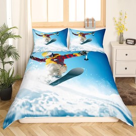 Feelyou Snowboarder Duvet Cover Ski Snowboard Bedding Set Winter Sport Comforter Cover Boys Girls Teens Bedroom Decor Telfer and Snowboarding Image Bed Set Queen Size With 2 Pillow Case (No Comforter)