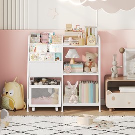 MAHANCRIS Kids Bookshelf and Toy Storage Organizer, 3-Tier Toddler Book Shelf with Movable Drawer, Toddler Bookcase for Kids Room, Nursery, Living Room, Playroom, White KBWT7901