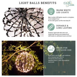 Elf Logic 16” Outdoor/Indoor LED Christmas Light Ball with Automatic Timer. Durable, Waterproof, Long-Lasting, Lightweight Bright Light Ball. Warm LED Lights for Holiday Decor, Patio, Wedding Decor